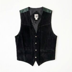 Vintage B Max Black Suede Leather Vest Men's XL Western Biker Grunge Rayon Lined